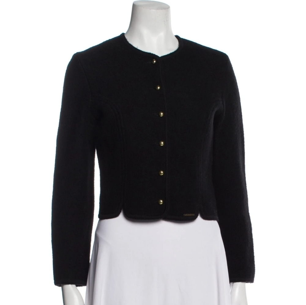 Vintage Tally Ho Black 100% Wool Cropped Jacket Blazer Cardigan Size 8 Hepburn